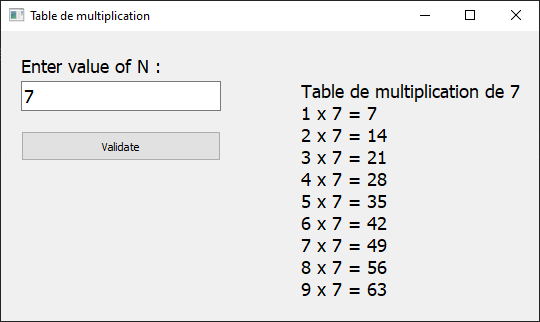 Table de multiplication en python illustrée sur une fenêtre PyQt5