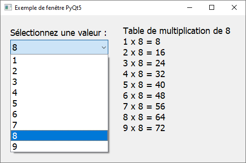 Table de multiplication sur fenêtre graphique GUI en Python bibliothèque PyQt5