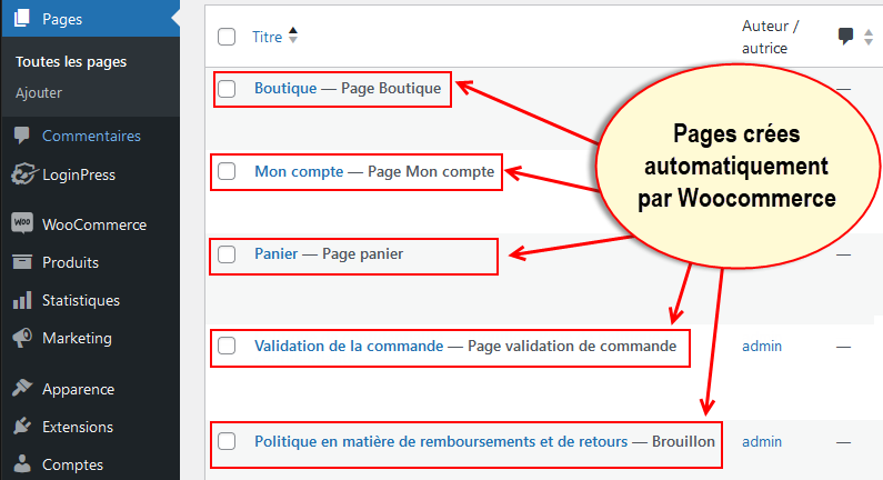 page panier mon compte, boutique woocommerce