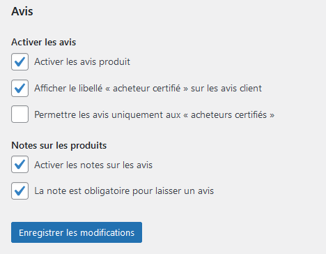 Réglages woocommerce notes et avis des clients