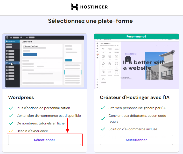 Créer un site web sur hpanel hostinger - choisissez la plateforme: WordPress ou IA