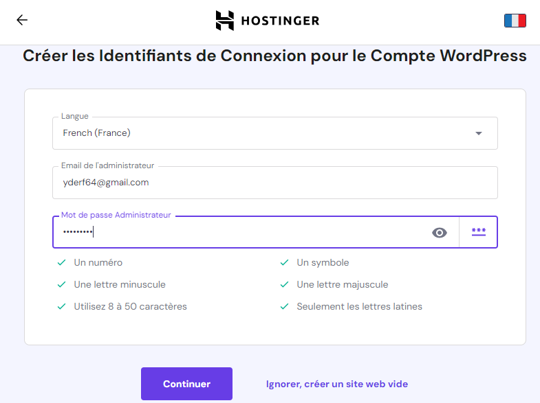 Créer un site web sur hpanel hostinger - Site identifiants