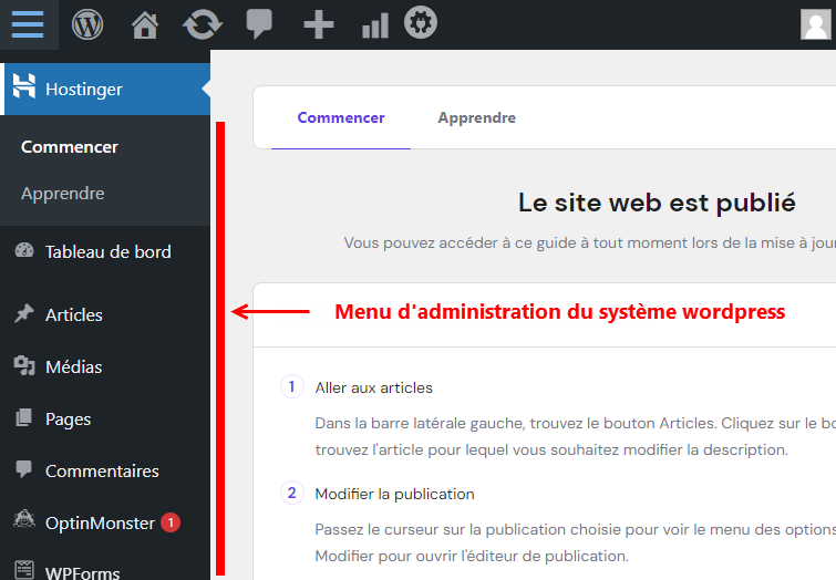 Créer un site web sur hpanel hostinger - admin panel wordpress