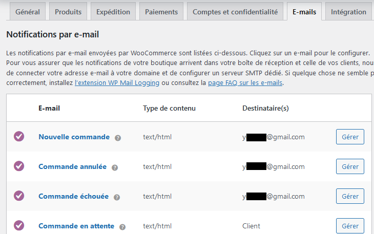 parmètres et réglages woocommerce , configuration des adresses emails