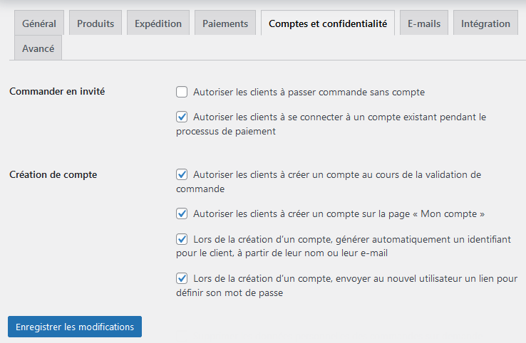 paramètres woocommerce: comptes et confidentialité