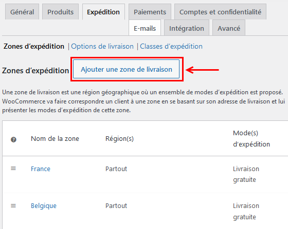 réglage woocommerce paramétrage de l'onglet expéditiopn