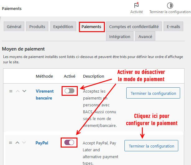 configurer le paiement woocommerce