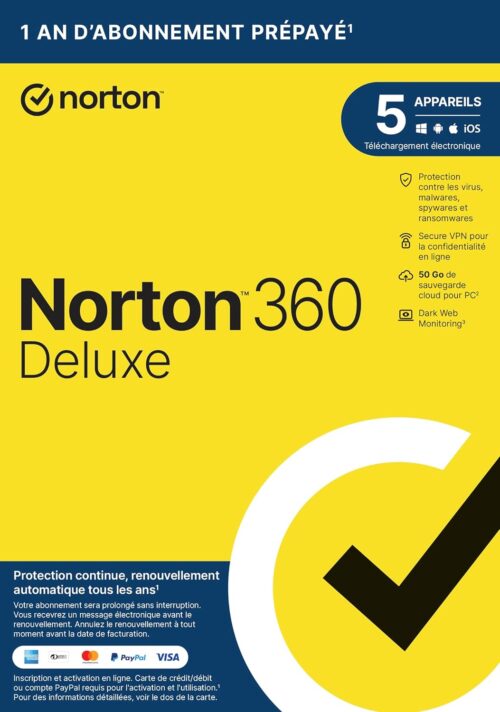 Norton 360 Deluxe 2024 sur 5 Appareils + 1 An d'Abonnement avec Secure VPN - Password Manager - Dark web Monitoring | PC/Mac/iOS/Android|Envoi par la poste