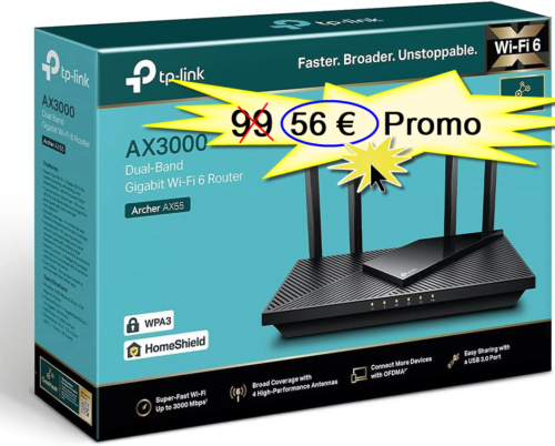 TP-Link Routeur WiFi 6 AX 3000 Mbps bi-bande, 5 ports Gigabit USB 3.0, 4 antennes à haute performance, OneMesh, WPA3, Contrôle parental, Antivirus intégré nouvelle generation-promo