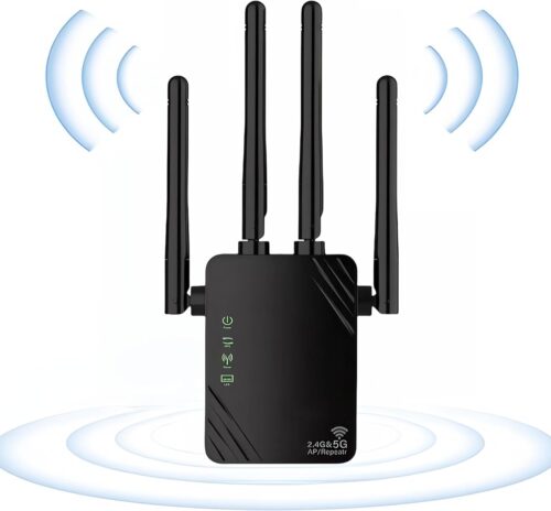 AILKIN 2024 Nouveau Puissant amplificateur WiFi 1200mbpswifi, 5ghz et 2,4ghz Double Bande, Port Gigabit WPS, Dispose de 4 antennes murales percées puissantes, Compatible avec Toutes Les boîtes réseau