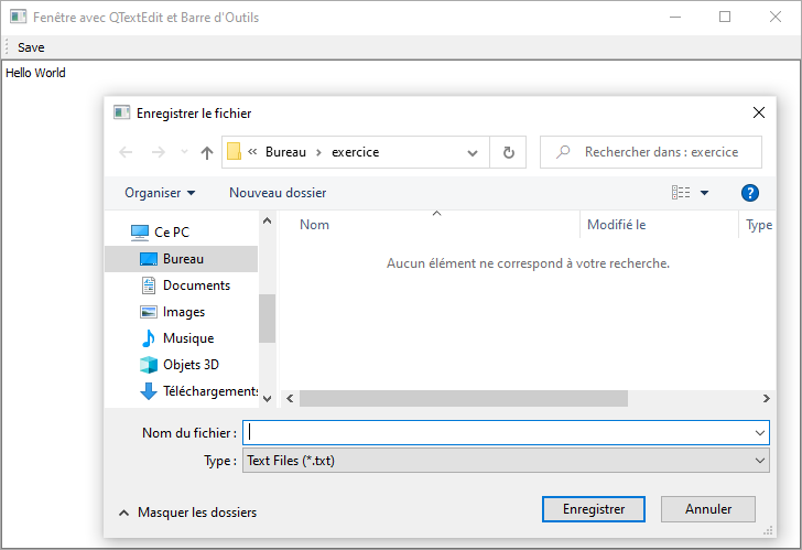 Fenêtre pyqt5 avec une barre d'outils et un bouton enregistrer