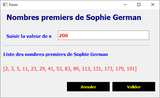 algorithme python qui détermine la liste des nombres premiers de sophie german sur Pyqt5